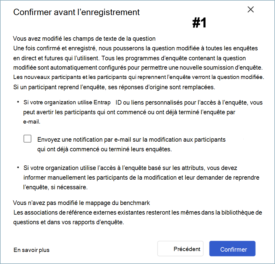 Capture d’écran de la boîte de dialogue Confirmer avant d’enregistrer pour la modification d’élément sans modification du point de référence.