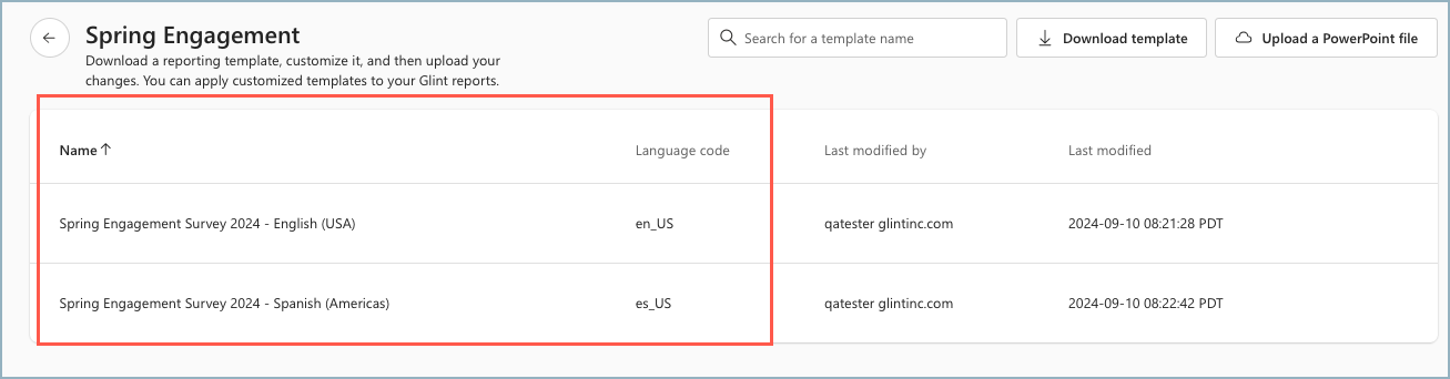 Capture d’écran des langues du modèle qui existent dans le dossier.