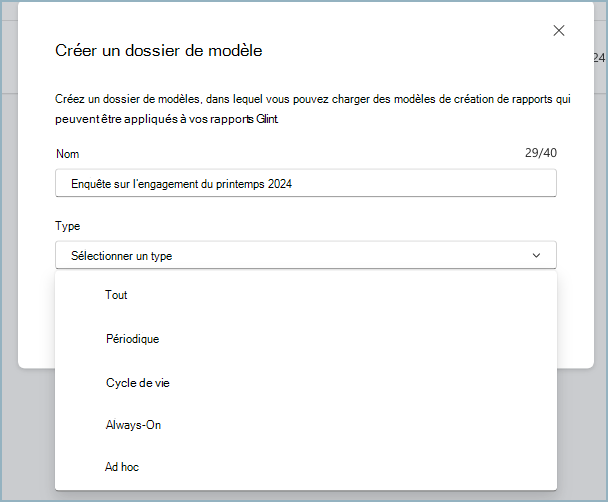 Capture d’écran des champs nécessitant une configuration pour créer un dossier de modèle.