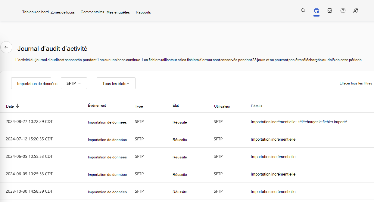 Capture d’écran du journal d’audit d’activité filtré sur Activité d’importation de données pour les importations SFTP.