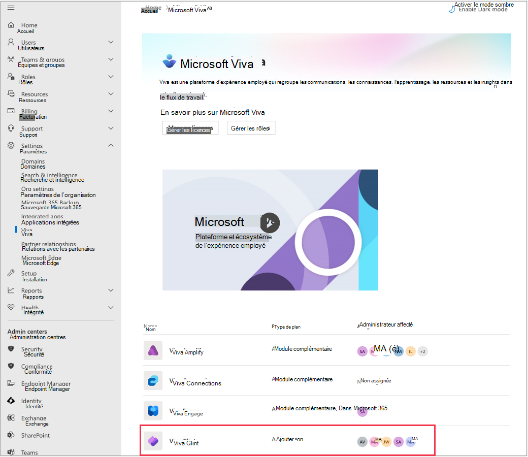 Capture d’écran de Viva Glint dans le Centre d’administration Microsoft 365.