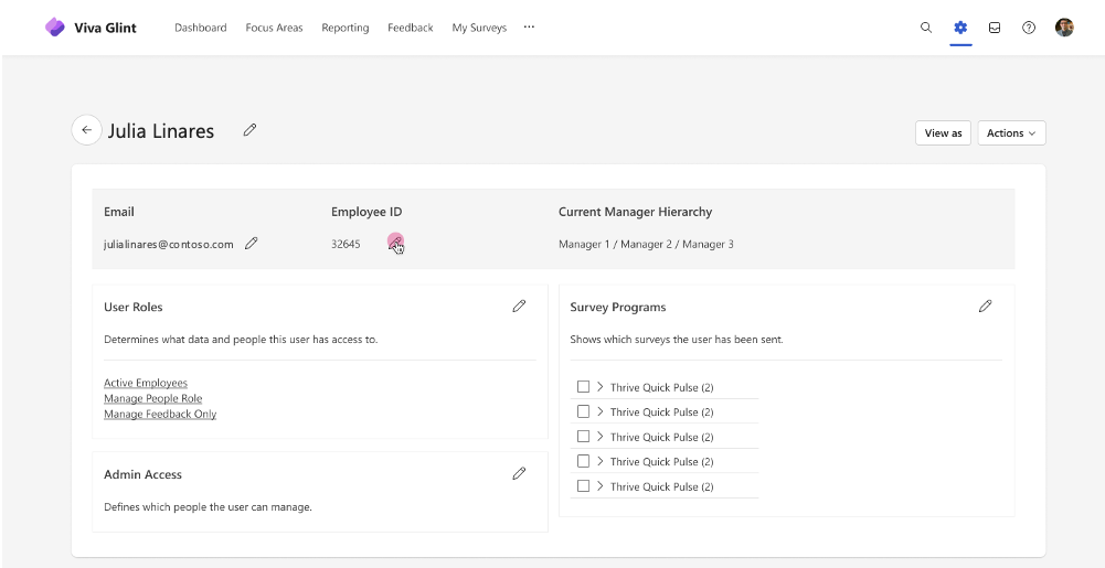 Capture d’écran du profil Glint d’un utilisateur avec l’option de mise à jour de l’ID d’employé.