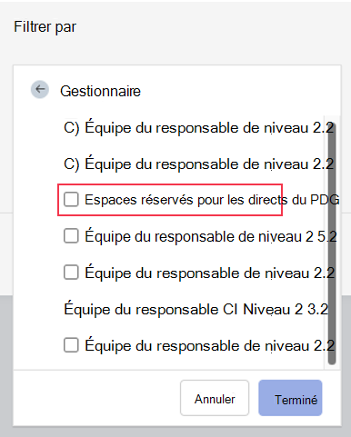 Capture d’écran des filtres de hiérarchie des responsables dans Glint rapports, avec un espace réservé PDG comme utilisateur de niveau supérieur et plusieurs directeurs généraux en tant que gestionnaires de niveau 2.