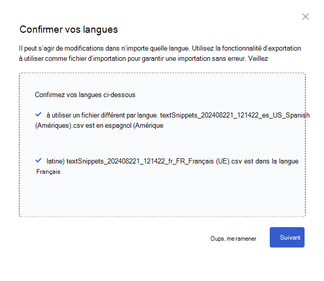 Capture d’écran de la boîte de dialogue d’importation des variables et du texte du produit qui invite les utilisateurs à confirmer les langues.