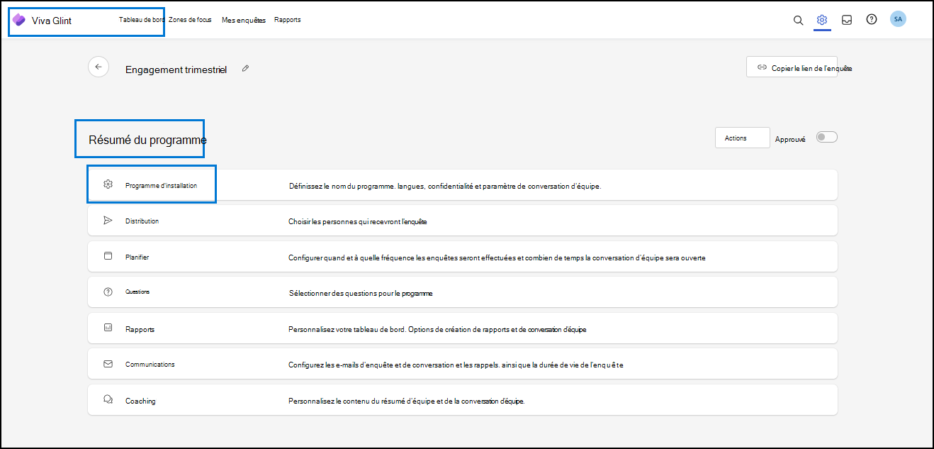 Capture d’écran montrant la page Programme d’installation pour la configuration dans le Résumé du programme.