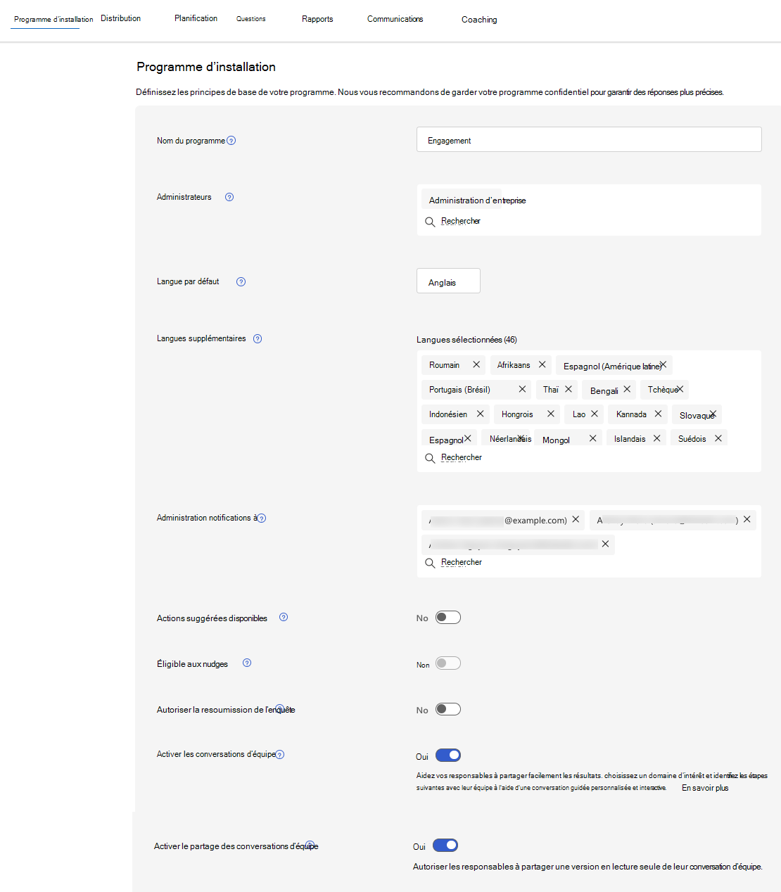 Capture d’écran de la section Informations de base de la configuration du programme.