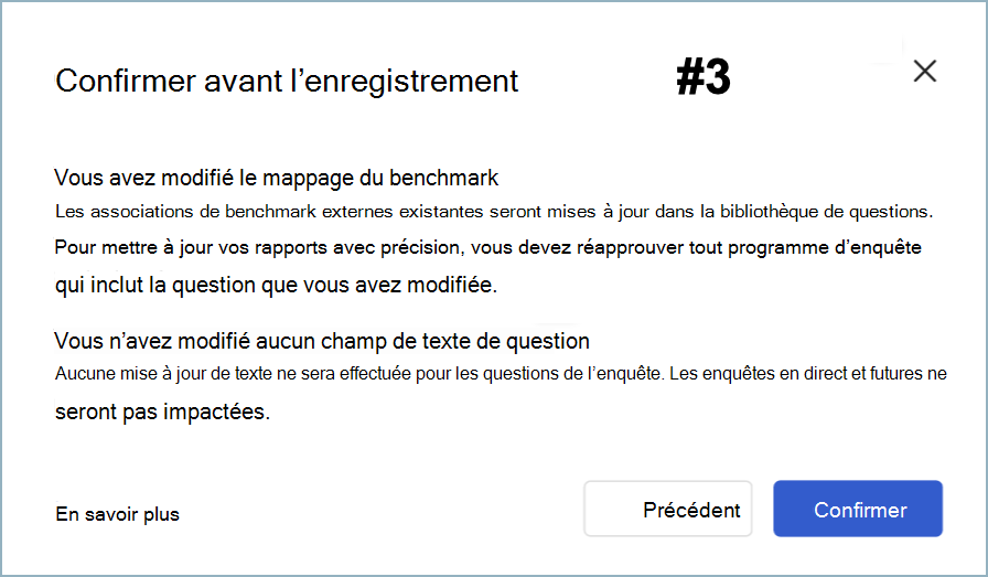 Capture d’écran de la boîte de dialogue Confirmer avant d’enregistrer pour une modification de mappage de benchmark uniquement.