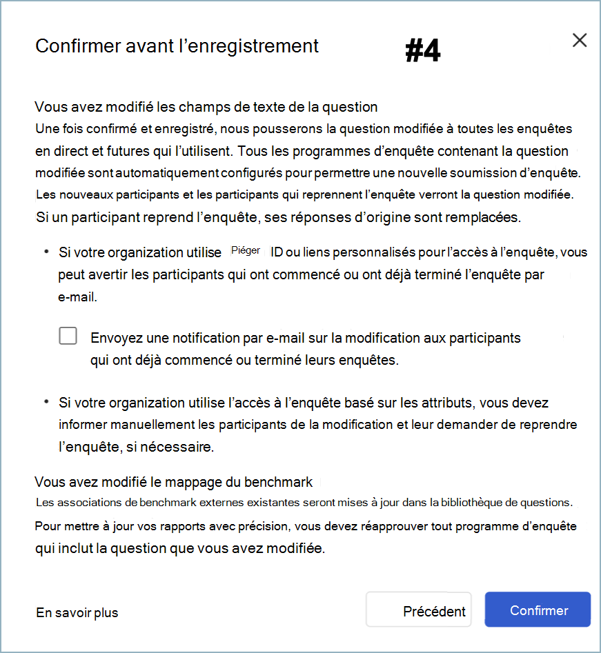 Capture d’écran de la boîte de dialogue Confirmer avant d’enregistrer pour les modifications du texte de l’élément et du benchmark.