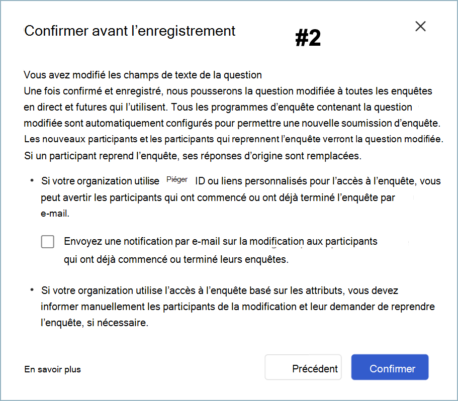 Capture d’écran de la boîte de dialogue Confirmer avant l’enregistrement pour la modification du texte d’un élément sans point de référence associé.