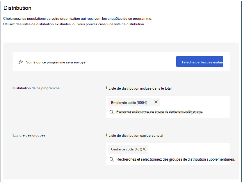 Capture d’écran d’une configuration de distribution d’enquêtes avec des groupes d’employés inclus et exclus.