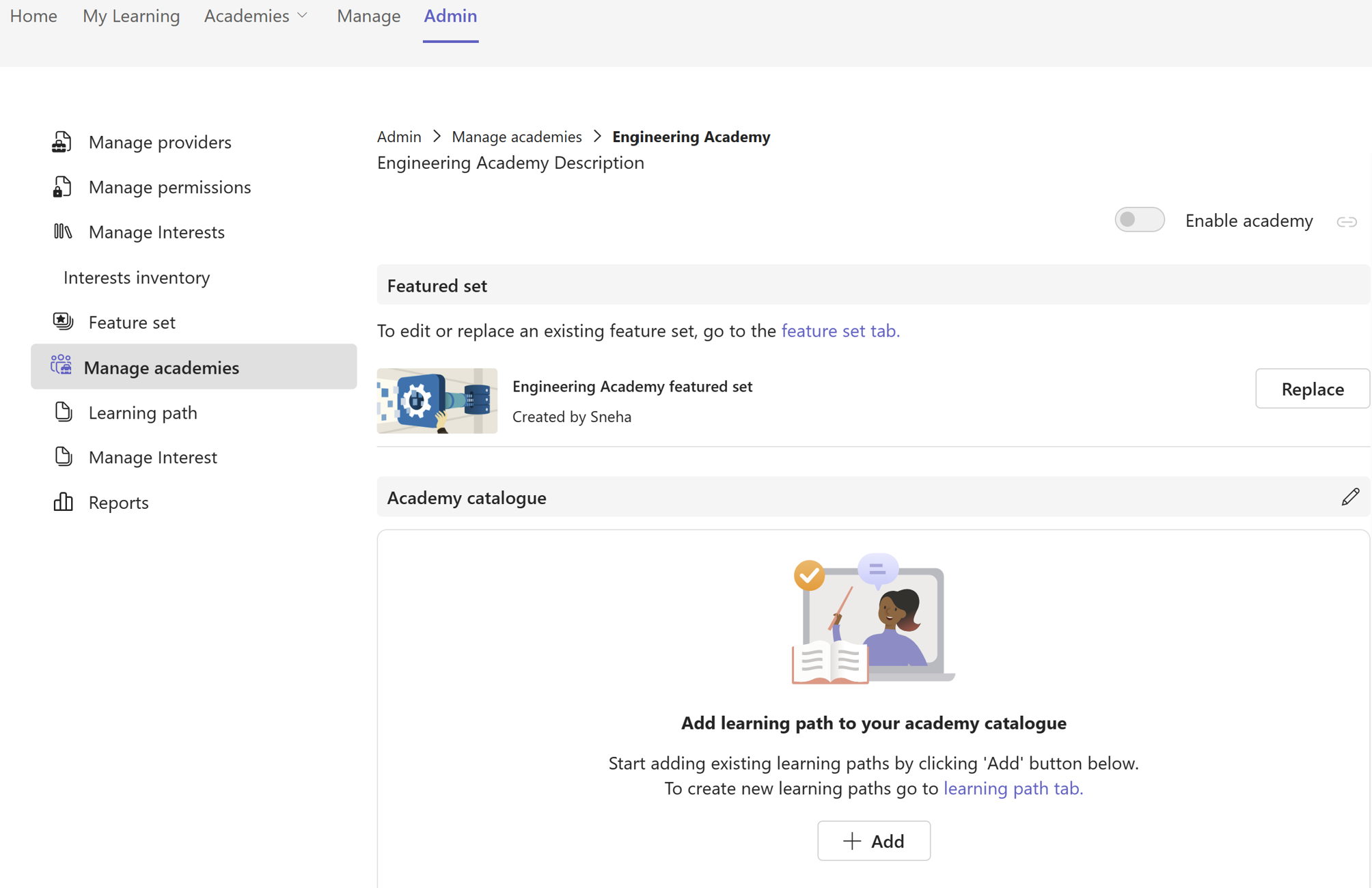 Capture d’écran d’une académie configurée dans laquelle vous pouvez ajouter un parcours d’apprentissage