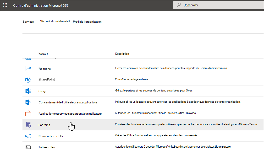 Page Paramètres dans le Centre d’administration Microsoft 365 montrant l’application Learning répertoriée.