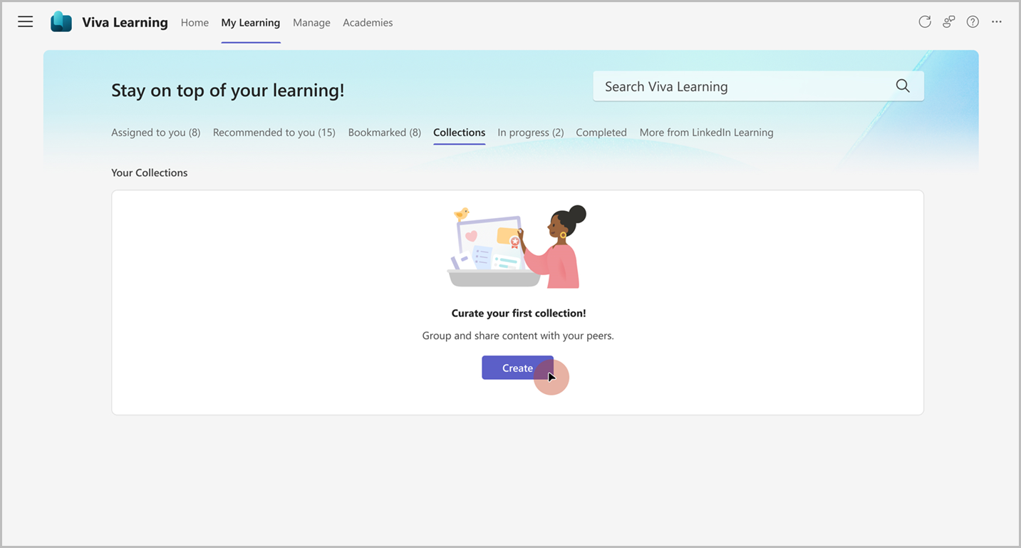 Image de la page d’accueil des collections d’apprentissage avec l’option de création d’une collection mise en surbrillance.