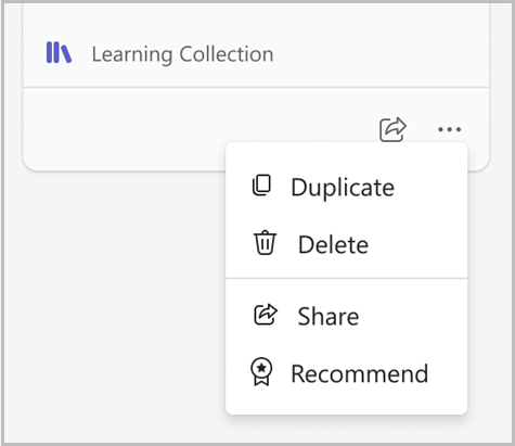 Image des options pour dupliquer, supprimer et modifier dans Viva Learning curation des collections