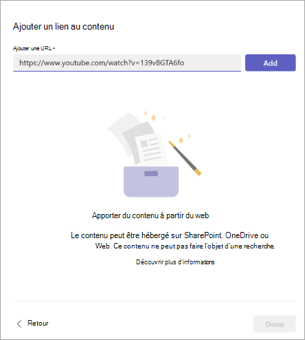 Capture d’écran de l’écran Ajouter un lien au contenu dans lequel vous pouvez ajouter l’URL.