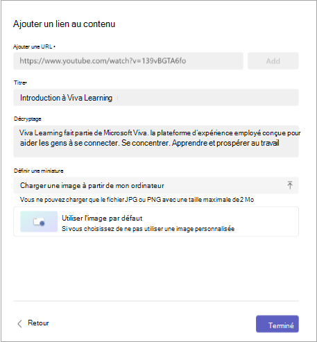 Capture d’écran de l’ajout d’un lien vers du contenu avec l’URL, le titre, la description et le jeu de miniatures.