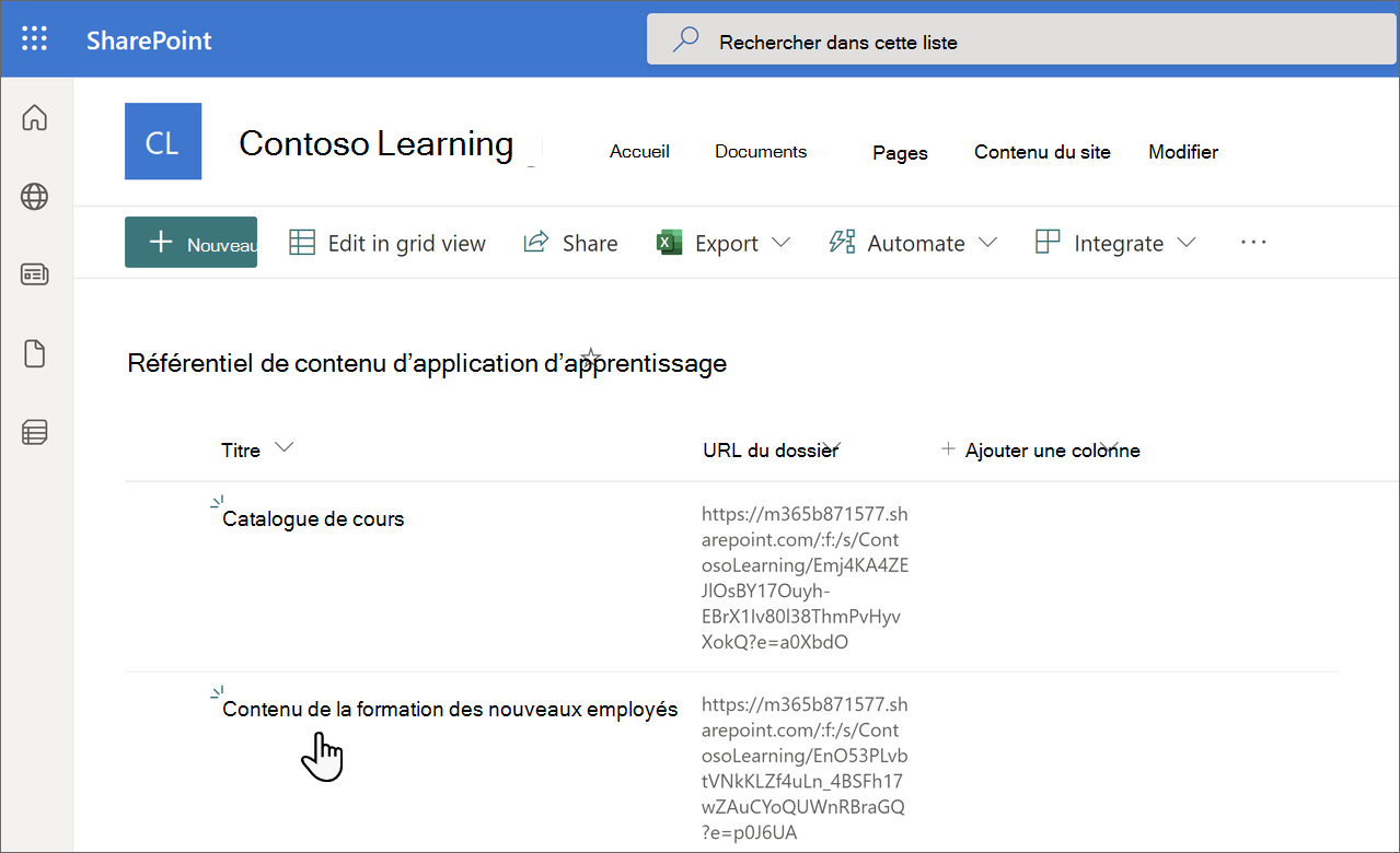 Page Référentiel de contenu d’apprentissage dans SharePoint affichant les informations mises à jour.