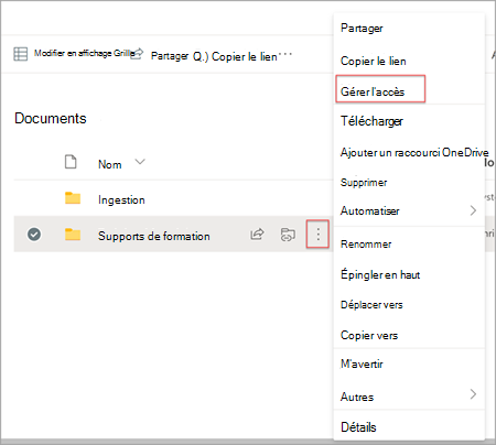 Page bibliothèque de documents dans SharePoint montrant l’option Afficher les actions avec Gérer l’accès mis en surbrillance.
