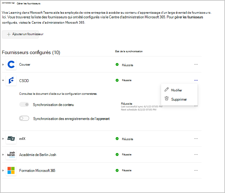 Page Gérer les fournisseurs avec une status de configuration réussie du fournisseur choisi