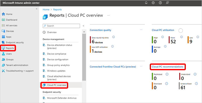 Capture d’écran du rapport de recommandation de PC cloud.