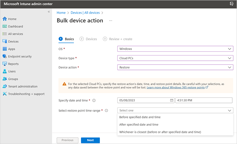 Capture d’écran de la restauration de l’action d’appareil en bloc