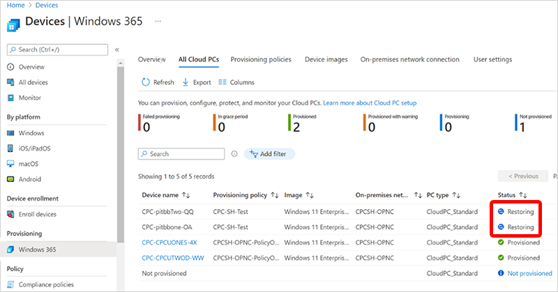 Capture d’écran de la status de restauration des PC cloud