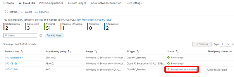 Capture d’écran de l’avertissement Citrix