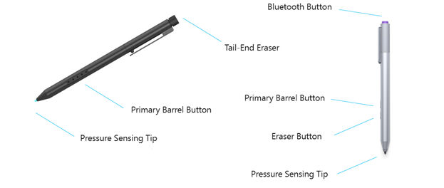 Conceptions de stylet Windows, montrant les conseils de détection de pression, certains boutons et les implémentations d’une fonction d’effacement.