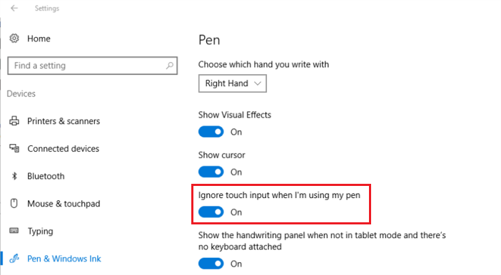 image montrant la boîte de dialogue des paramètres du stylet, où vous pouvez sélectionner votre préférence de main, pour un bon fonctionnement de la fonctionnalité de rejet de paume de Windows 10.