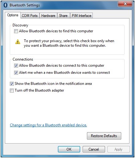 Capture d’écran de l’onglet Options de la boîte de dialogue Paramètres Bluetooth, montrant la case à cocher « Afficher l’icône Bluetooth dans la zone de notification ».