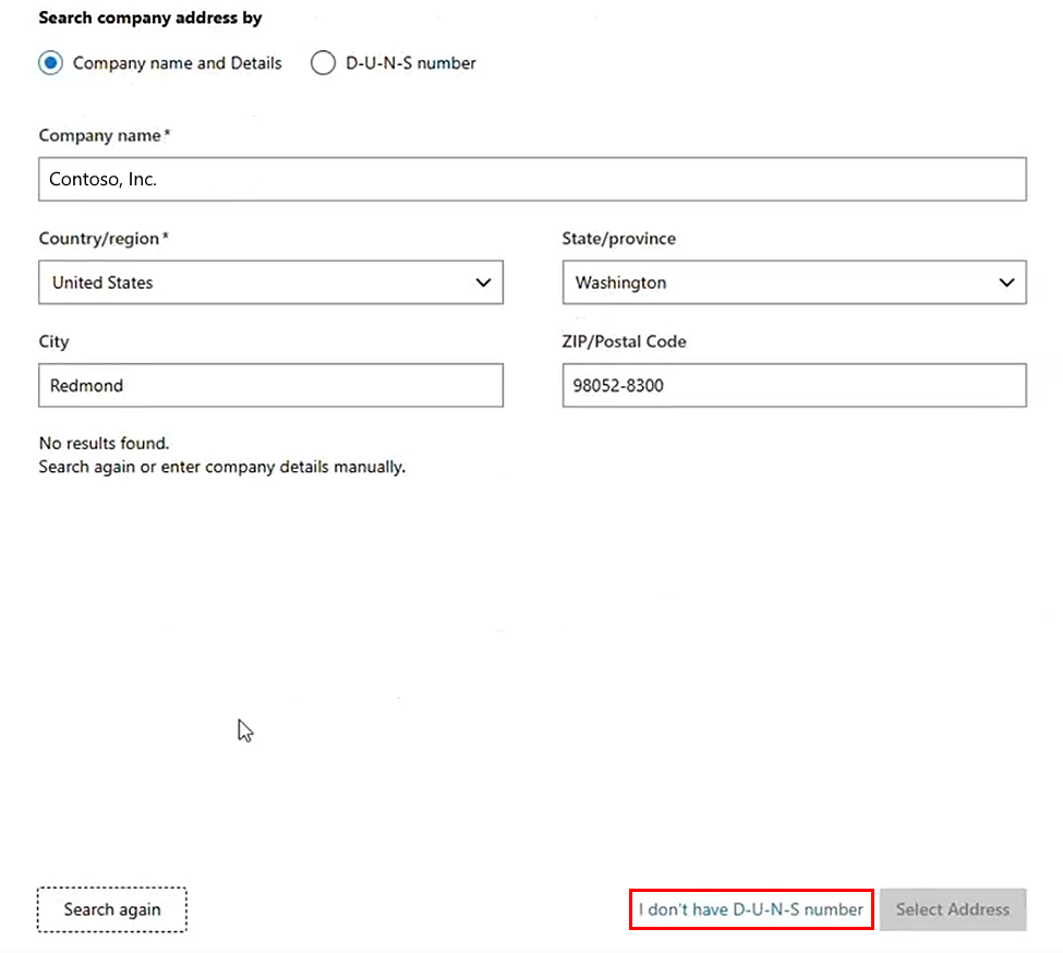 Capture d’écran de la page de recherche de l’entreprise de l’Espace partenaires Microsoft.