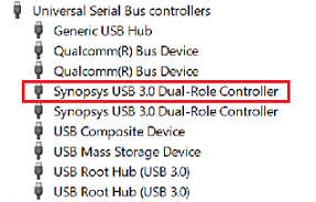 Capture d’écran de Gestionnaire de périphériques l’affichage du nœud USB avec synopsys USB 3.0 Contrôleur double rôle mis en surbrillance.