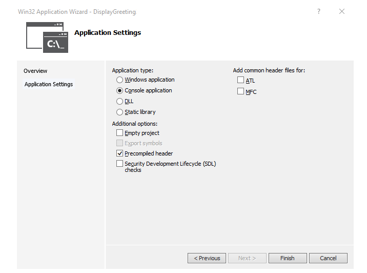 Paramètres de l’Assistant d’Application Win32 dans Visual Studio.