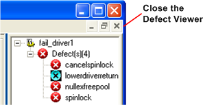 Capture d’écran montrant comment fermer la visionneuse d’erreurs pour une règle dans Static Driver Verifier.