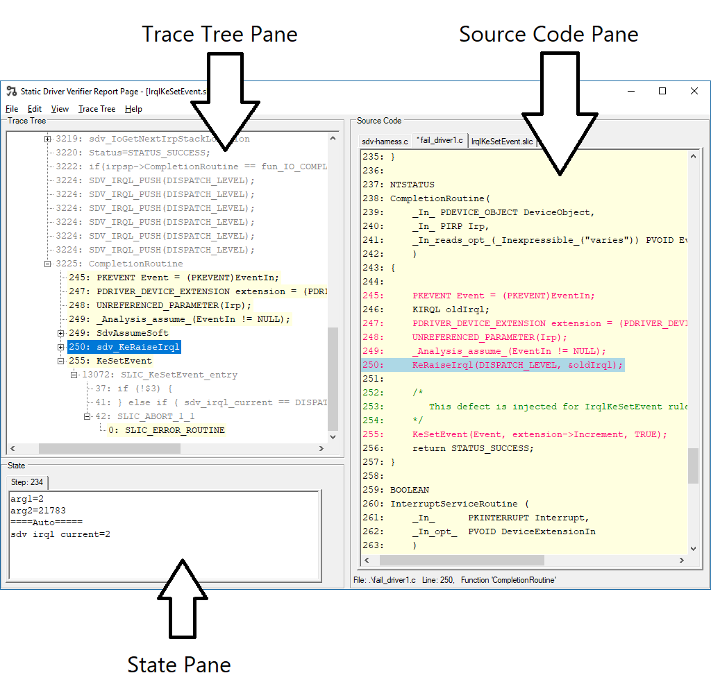 Capture d’écran de la fenêtre Visionneuse des défauts affichant les volets Trace-Tree, Source-Code et Results.