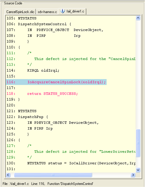 Capture d’écran du volet Code source dans la visionneuse de défauts du vérificateur de pilote statique.