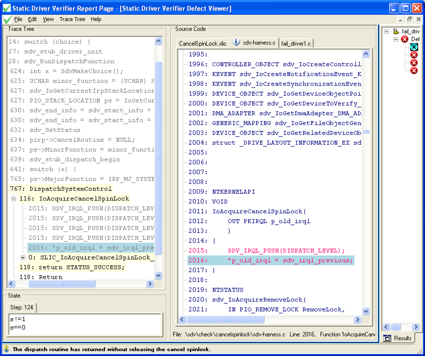 Capture d’écran d’une page de rapport du vérificateur de pilote statique avec les volets Arborescence des traces et Code source.