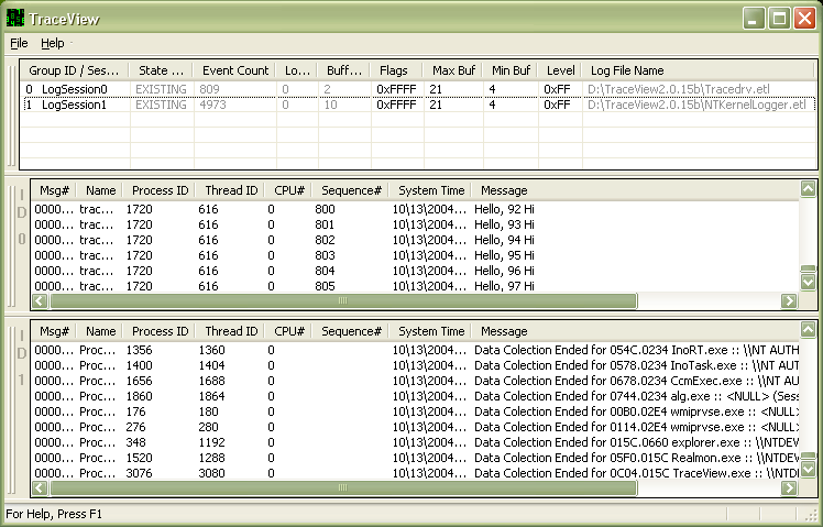 Capture d’écran d’une liste de sessions de suivi affichant un journal de session de suivi Tracedrv et NT Kernel Logger.