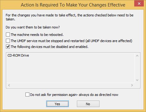 Capture d’écran de la boîte de dialogue Actions requises dans WDF Verifier.