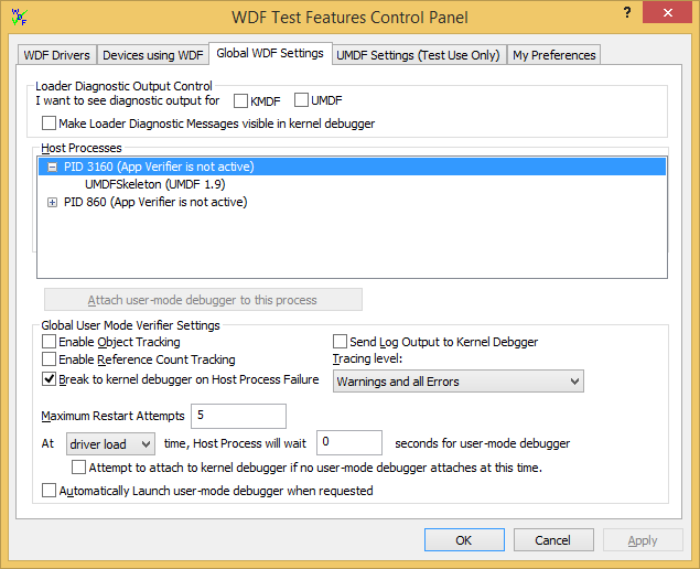 Capture d’écran de l’onglet Paramètres WDF globaux dans WDF Verifier.