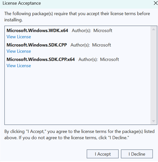 Capture d’écran de Visual Studio montrant la liste de trois packages NuGet avec des liens vers les termes du contrat de licence.