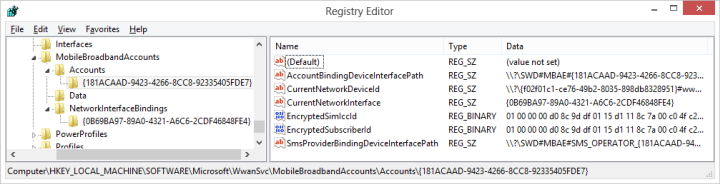 Capture d’écran des entrées du registre pour un compte de haut débit mobile non analysé.