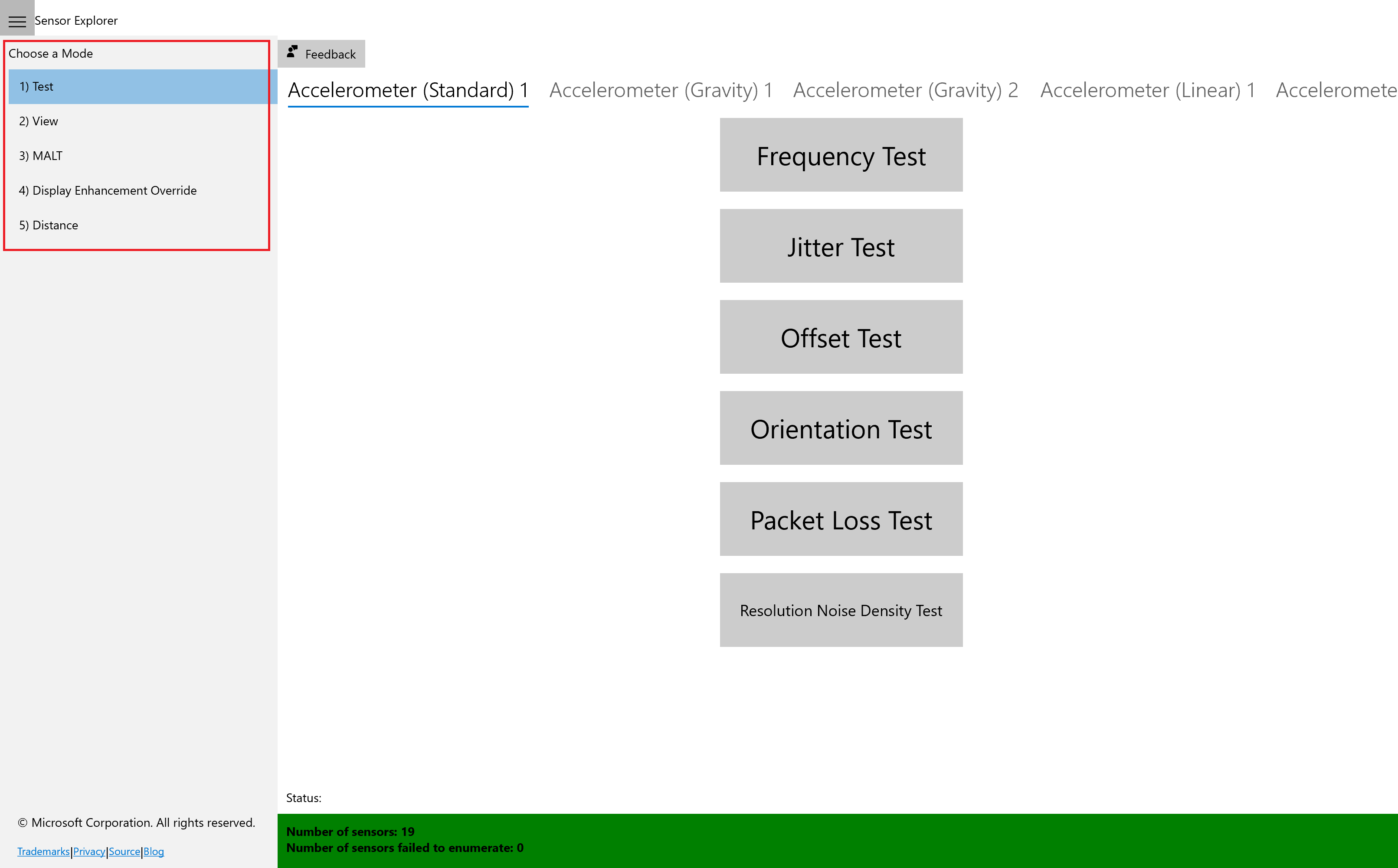 Capture d’écran de l’application SensorExplorer.