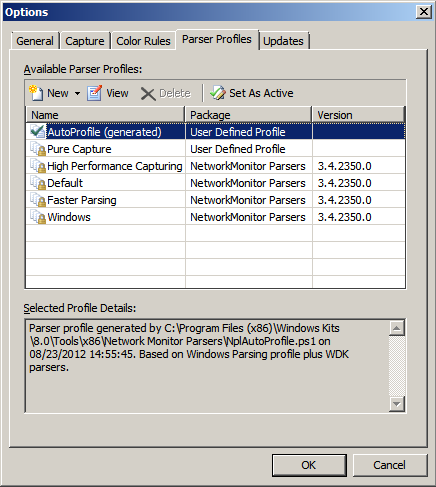 Capture d'écran de l'onglet Parser Profiles, avec AutoProfile activé.