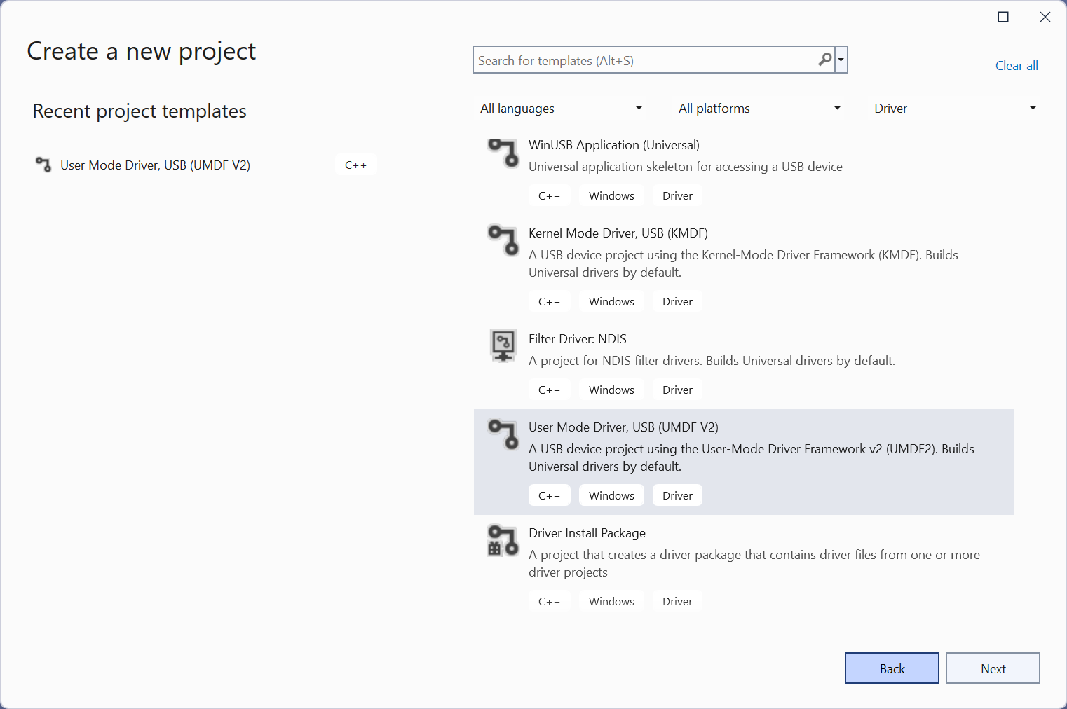 Capture d’écran des options de création de projet dans Visual Studio.