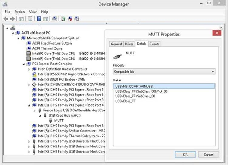 Capture d’écran de Windows Gestionnaire de périphériques montrant un appareil WinUSB.