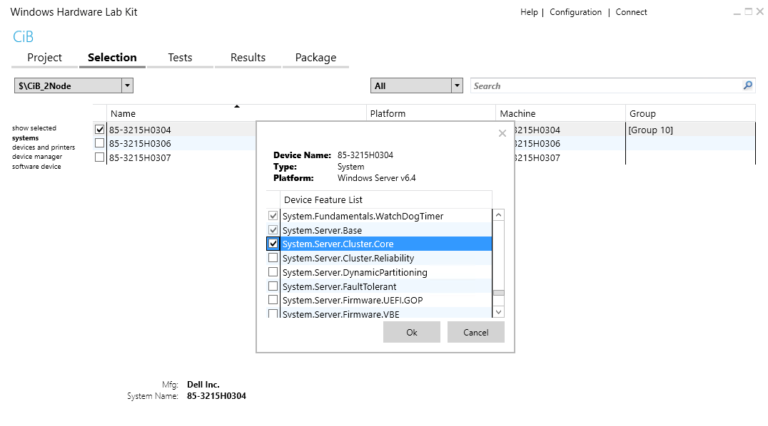 Capture d’écran du Gestionnaire HLK montrant le menu contextuel avec System.Server.Cluster.Core sélectionné