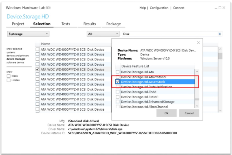 hlk Studio montrant la fonctionnalité device.storage.hd.azurestack sélectionnée