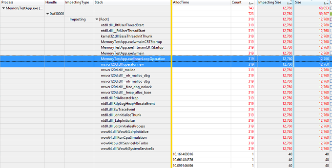 Capture d’écran de l’exemple de table de données montrant Process, Handle, Impacting Type, Stack, AllocTime, Count, Impacting Size et Size avec deux lignes sélectionnées