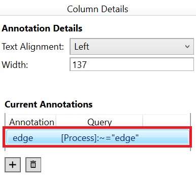 Sélection d’une paire de requêtes d’annotation dans la zone Annotations actuelles de la boîte de dialogue